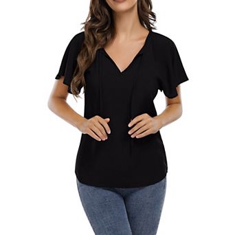 Women Causal Drawstring Blouse,v Neck Short Sleeve Black Tunic Tops