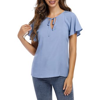 Women Causal Drawstring Blouse,v Neck Short Sleeve Black Tunic Tops