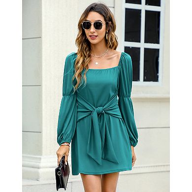 Women Elegant Tie Waist Square Neck Mini Dresses Long Sleeve Ruched Bodycon Short Party Dress