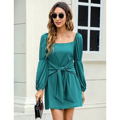 Women Elegant Tie Waist Square Neck Mini Dresses Puff Sleeve Sexy Ruched Bodycon Short Party Dress