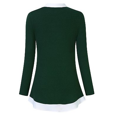 Women's Long Sleeve Contrast Collared Shirts Patchwork Work Blouse Tunics Tops