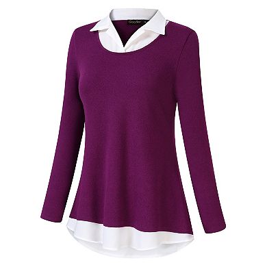 Women's Long Sleeve Contrast Collared Shirts Patchwork Work Blouse ...