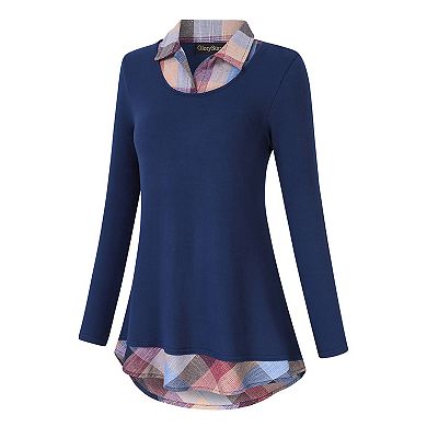 Women's Long Sleeve Contrast Collared Shirts Patchwork Work Blouse Tunics Tops