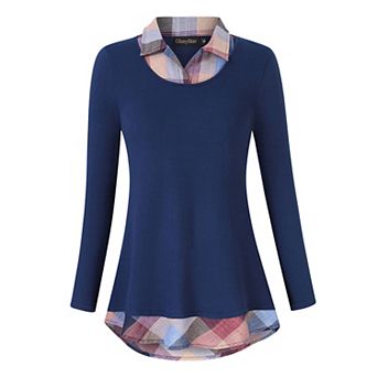 Women's Long Sleeve Contrast Collared Shirts Patchwork Work Blouse Tunics Tops