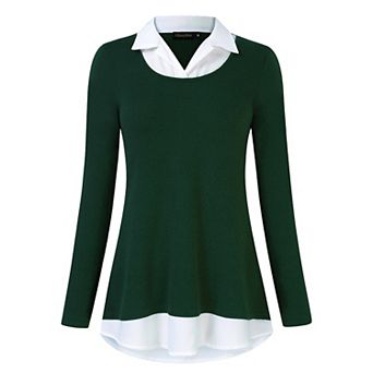 Women's Long Sleeve Contrast Collared Shirts Patchwork Work Blouse Tunics Tops