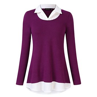 Women's Long Sleeve Contrast Collared Shirts Patchwork Work Blouse Tunics Tops