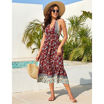 Floral chiffon boho deep v neck backless dress best sale