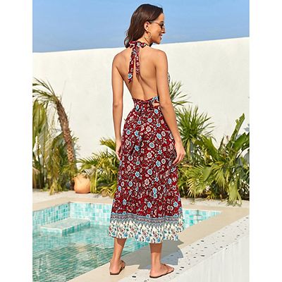 Women s Boho Deep V Neck Backless Flowy Floral Maxi Beach Dress