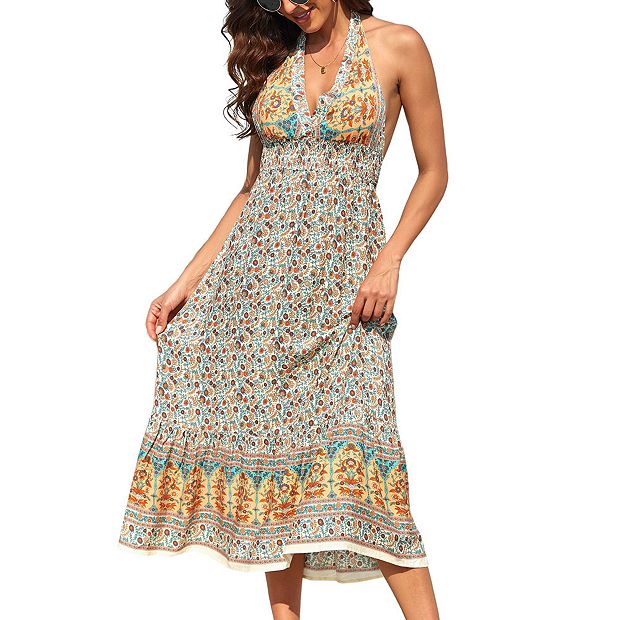 Women s Boho Deep V Neck Backless Flowy Floral Maxi Beach Dress