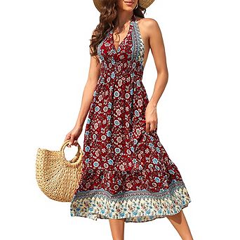 Women's Boho Deep V Neck Backless Flowy Floral Maxi Beach Dress