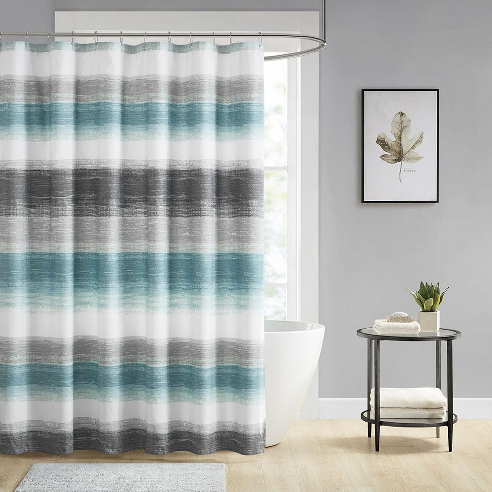 Madison Park Essentials Barret Stripe Print Shower Curtain - Aqua Gray