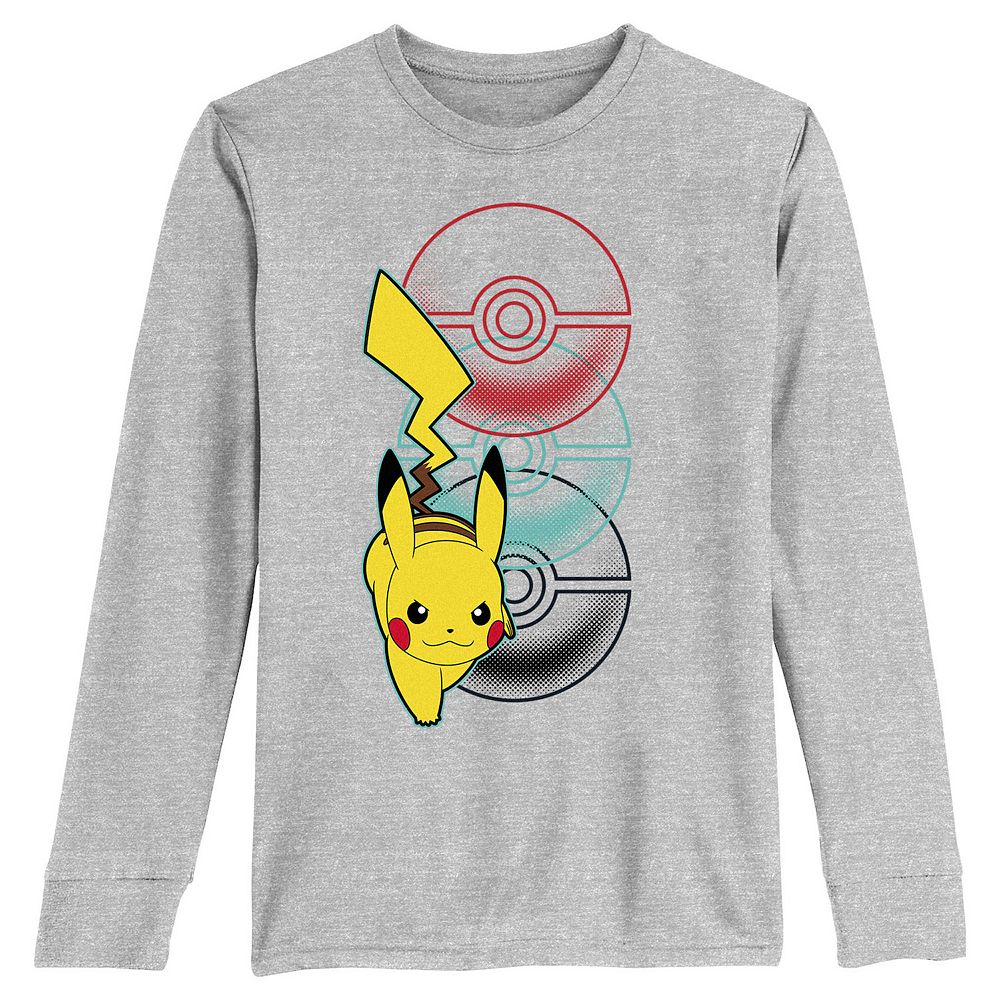 Boys 8-20 Pokemon Pikachu Pokeballs Long Sleeve Tee