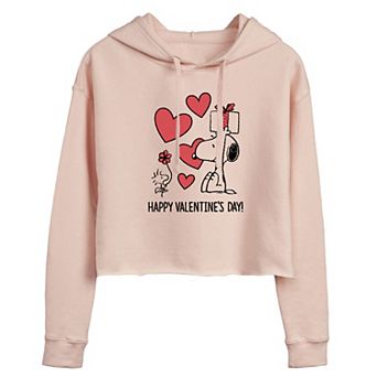 Juniors' Peanuts Snoopy & Woodstock Happy Valentine's Day Cropped Hoodie