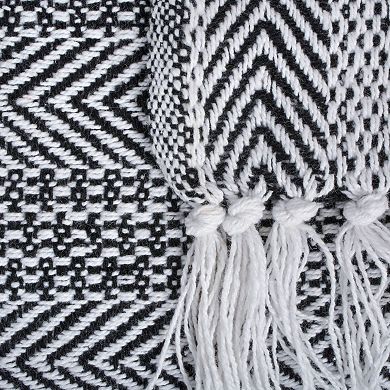 Black Herringbone Striped Cotton Fringed Throw Blanket 50" x 60"