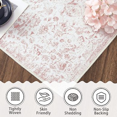Glowsol Vintage Floral Printed Washable Area And Ultra Soft Throw Rug