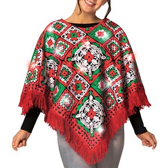 Red & Green Light Up Christmas Fringe Poncho Costume, Adult One Size