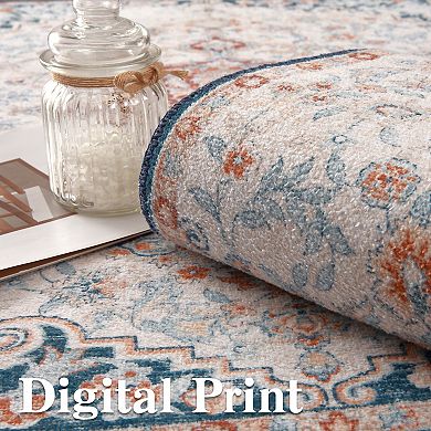 Garvee Vintage Washable Area Rug Distressed Floral Print Throw Rug