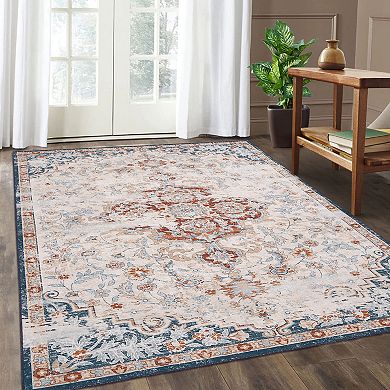 Garvee Vintage Washable Area Rug Distressed Floral Print Throw Rug
