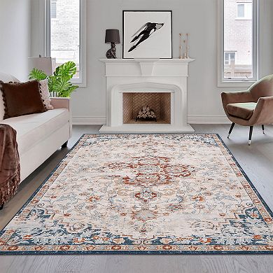 Garvee Vintage Washable Area Rug Distressed Floral Print Throw Rug