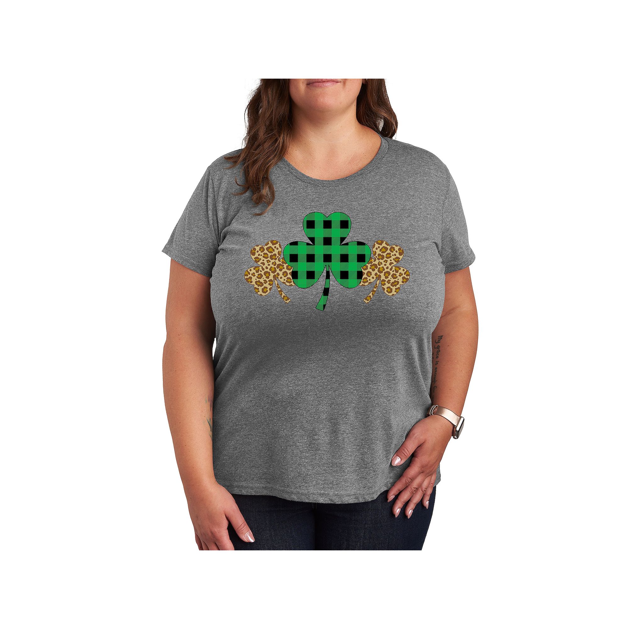 Plus Patterend Shamrocks Graphic Tee, Womens, Size: 1XL, Grey Gray