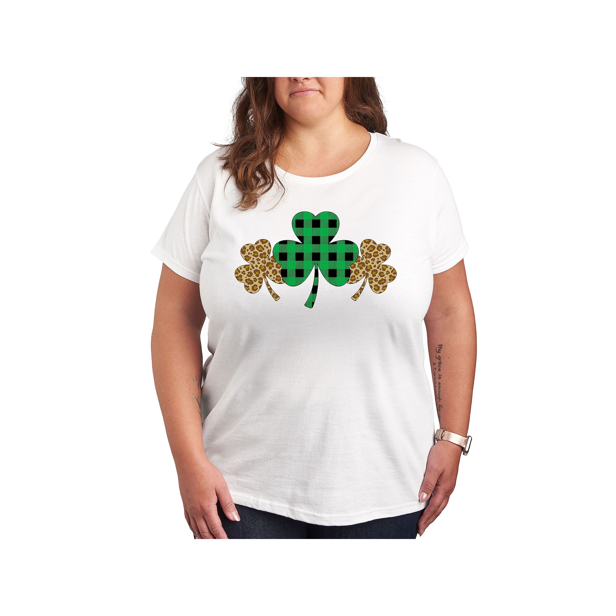 Plus Patterend Shamrocks Graphic Tee, Womens, Size: 1XL, White