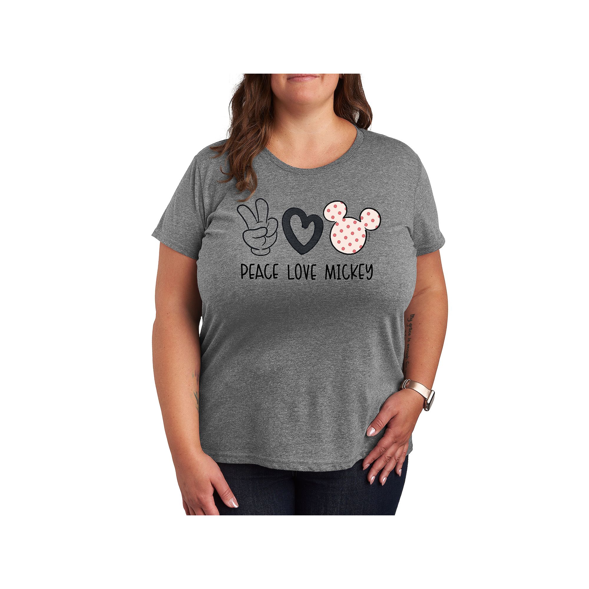Disneys Mickey Mouse Plus Size Peace Love Mickey Graphic Tee, Womens, Siz