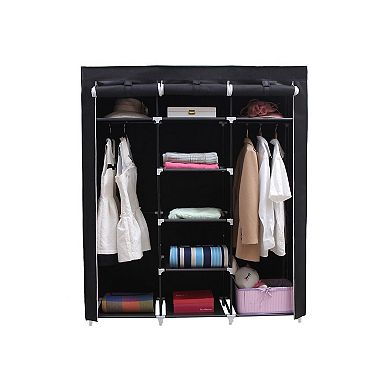 Portable Clothes Closet Non-woven Fabric Wardrobe Double Rod Storage Organizer, Black, 59-inch
