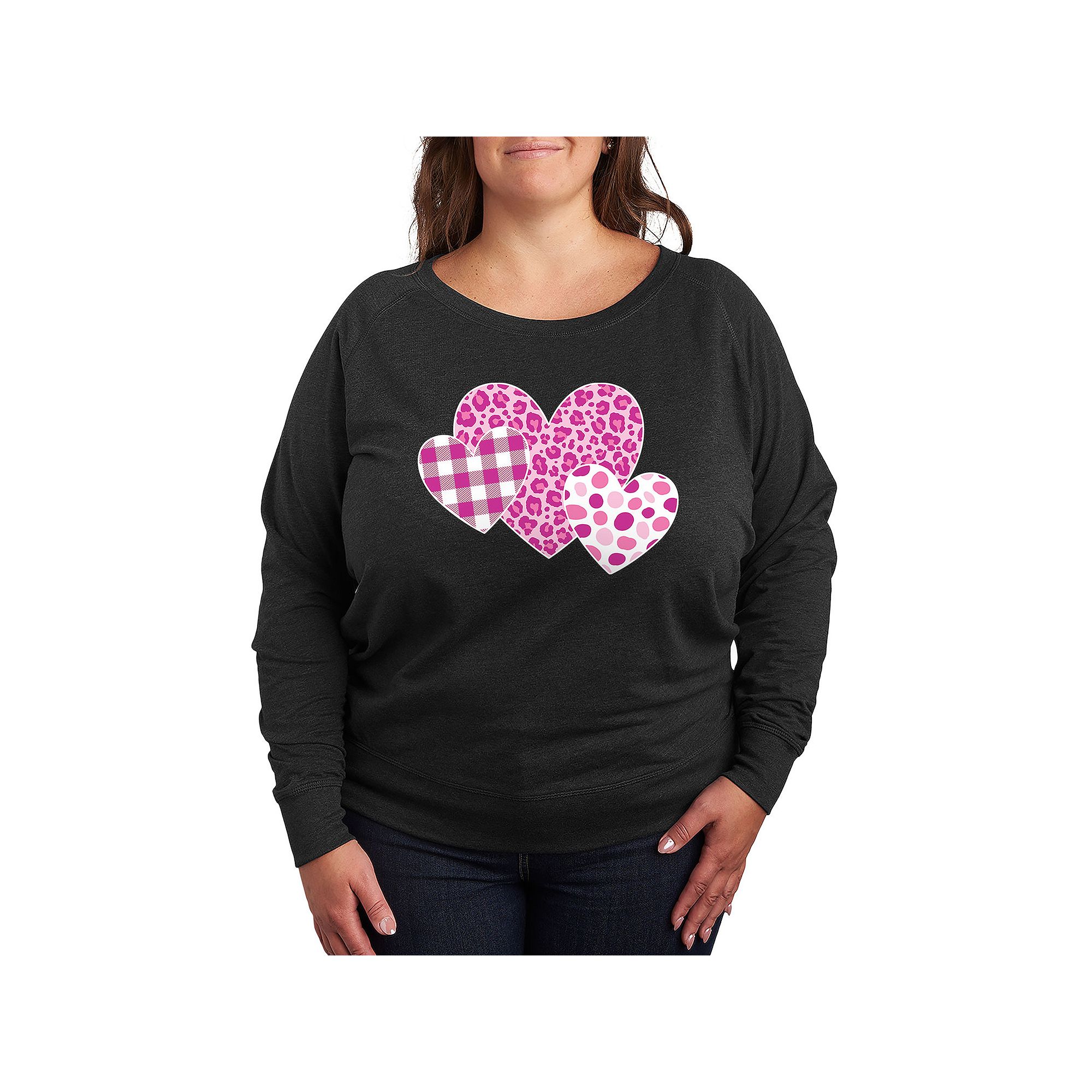 Plus Size Valentines Patterned Hearts French Terry Long Sleeve Tee, Women
