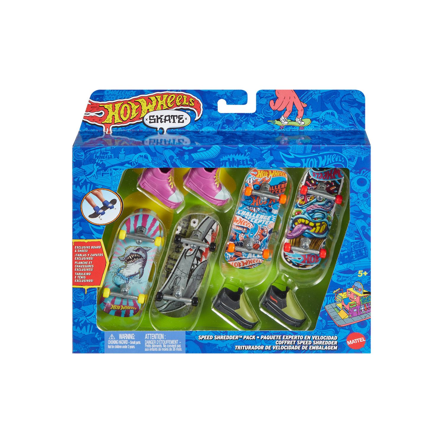 Hot Wheels Skate Tony Hawk Set – 4 Boards + 2 Paar Skateschuhe – Für Finger-Skating & Stunts