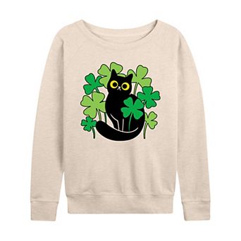Women's Black Cat In Clover Patch French Terry Long Sleeve Tee