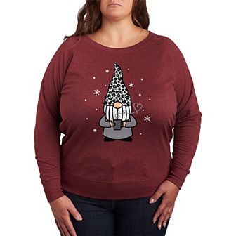 Plus Size Snow Leopard Print Coffee Gnome French Terry Long Sleeve Tee