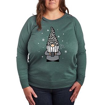 Plus Size Snow Leopard Print Coffee Gnome French Terry Long Sleeve Tee