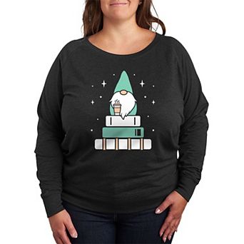 Plus Size Gnome with Coffee and Books French Terry Long Sleeve Tee