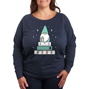 Plus Size Gnome with Coffee and Books French Terry Long Sleeve Tee