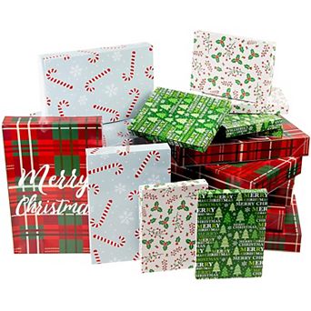 24 Pack Christmas Boxes For Gifts With Lids For Presents In 4 Designs, 3 Sizes