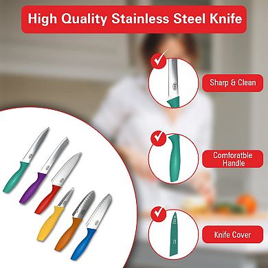 Alpine Cuisine Cutlery Stainless Steel Knife Set 7pc With Color Handle & Sheath