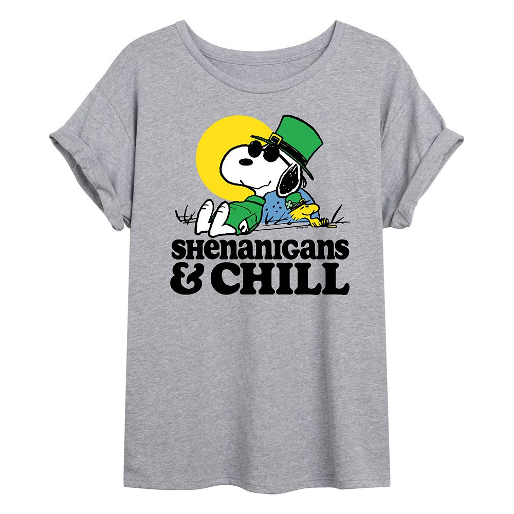 Juniors' Peanuts Snoopy & Woodstock Shenanigans Chill Oversized Tee