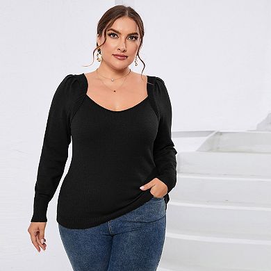 Womens Plus Size Tunic Sweater Long Sleeve Sweetheart Neckline Lightweight Casual Pullover Knit Top