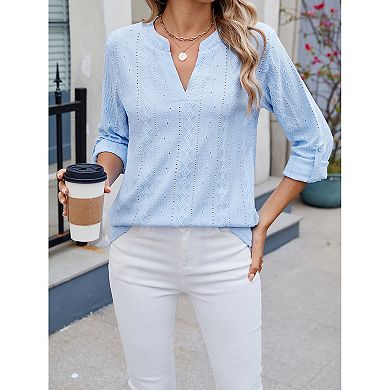 Women 3/4 Rolled Sleeve V-Neck Shirt Summer Casual Blouse Solid Color Loose Tops