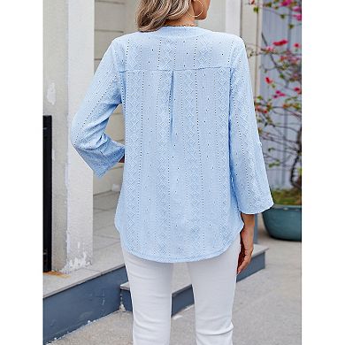 Women 3/4 Rolled Sleeve V-Neck Shirt Summer Casual Blouse Solid Color Loose Tops