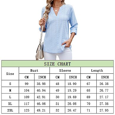 Women 3/4 Rolled Sleeve V-Neck Shirt Summer Casual Blouse Solid Color Loose Tops