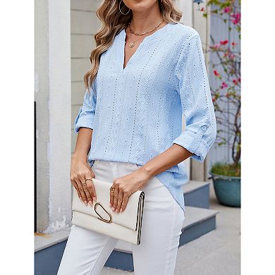 Women 3/4 Rolled Sleeve V-Neck Shirt Summer Casual Blouse Solid Color Loose Tops