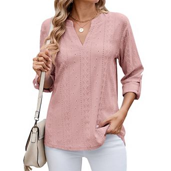 Women 3/4 Rolled Sleeve V-Neck Shirt Summer Casual Blouse Solid Color Loose Tops