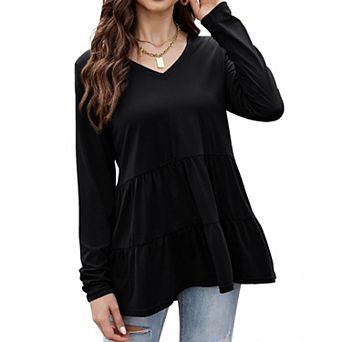 Women Babydoll Tunic Tops for Leggings Long Sleeve V Neck Peplum Tops Casual Swing T Shirts Blouse