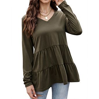 Women Babydoll Tunic Tops for Leggings Long Sleeve V Neck Peplum Tops Casual Swing T Shirts Blouse