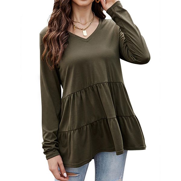 Women Babydoll Tunic Tops for Leggings Long Sleeve V Neck