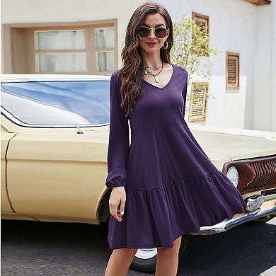 Women Casual Long Sleeve Black Dress,v Neck Tiered Dresses Ruffle Babydoll Dress With Pockets