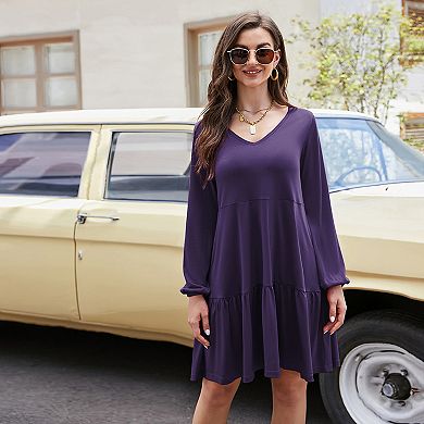 Women Casual Long Sleeve Black Dress,v Neck Tiered Dresses Ruffle Babydoll Dress With Pockets