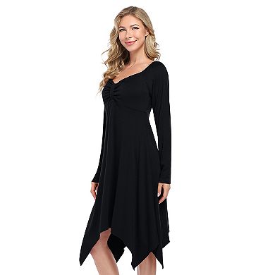 Women's V Neck Long Sleeve Dress Casual Solid Color Slim Fit Irregular Hem Dress