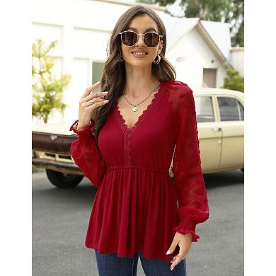 Women’s Long Sleeve Tunic Tops V Neck Swiss Dot Sleeve Casual Blouses T Shirts